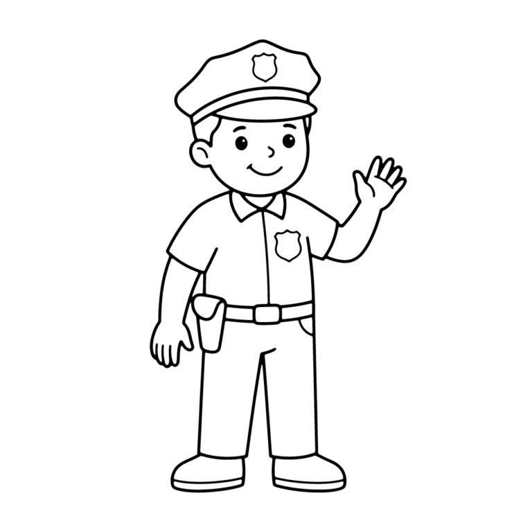 Na obrazku znajduje się uśmiechnięty funkcjonariusz policji w mundurze i czapce, który macha ręką na powitanie.