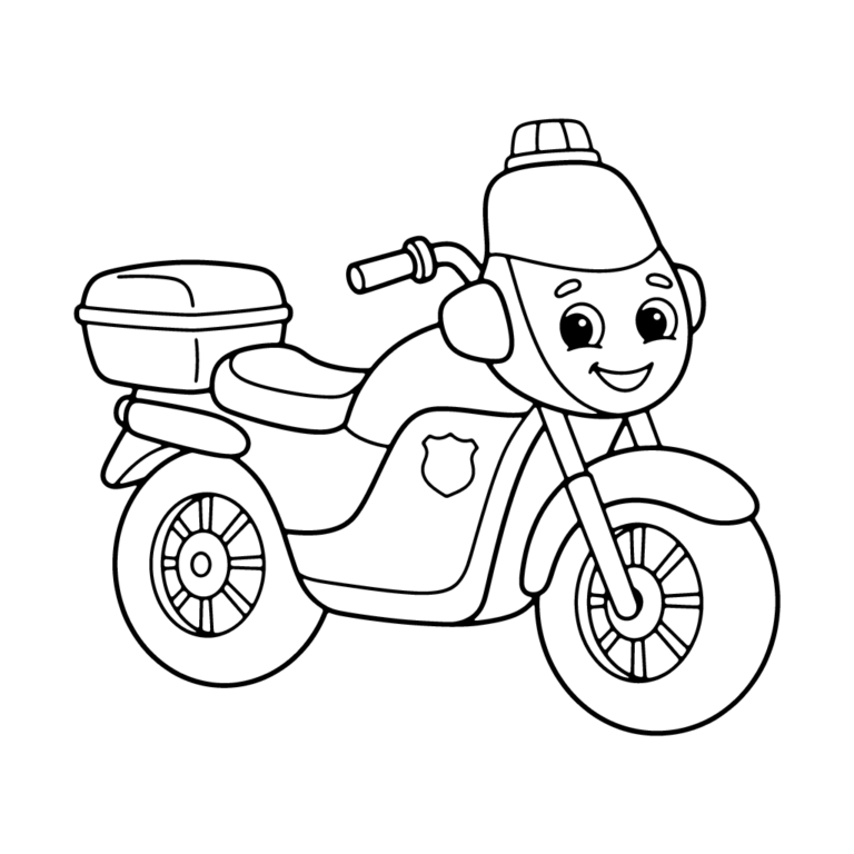 Na obrazku znajduje się duży, uśmiechnięty policyjny motocykl z kufrem z tyłu i migającym światłem na przedniej szybie.