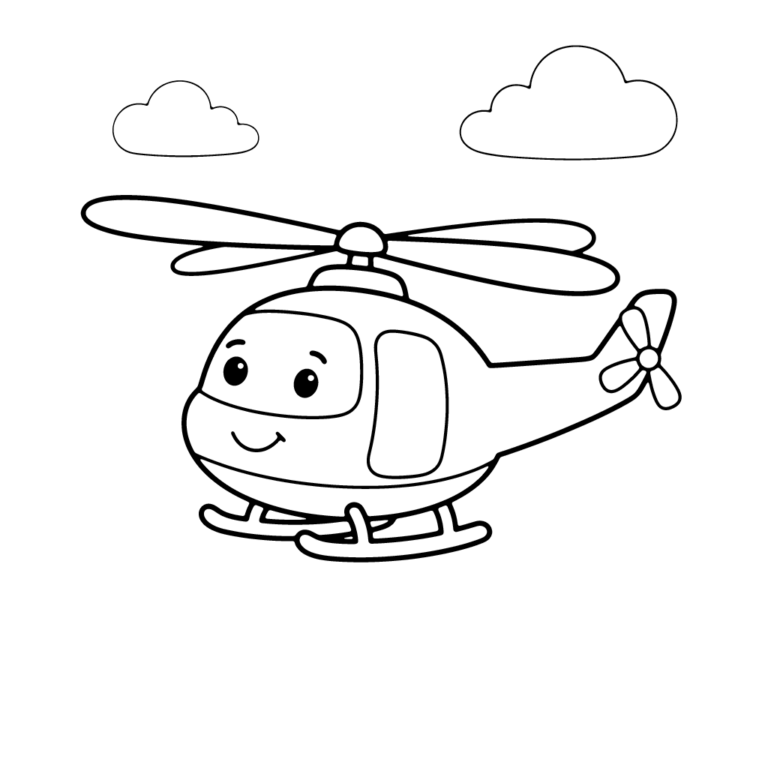 Na obrazku znajduje się uśmiechnięty helikopter policyjny z dużym wirnikiem, lecący wysoko pośród puszystych chmur.