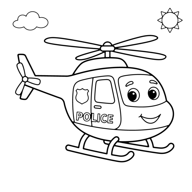 Na obrazku znajduje się uśmiechnięty policyjny helikopter z napisem "POLICE", szybujący wysoko w chmurach obok słoneczka.