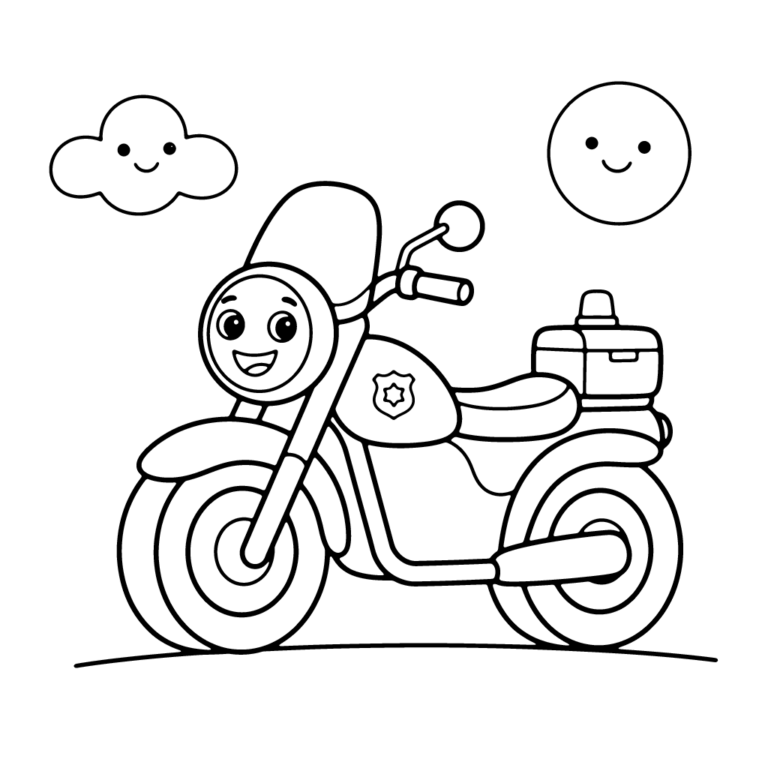 Na obrazku znajduje się uśmiechnięty, duży motocykl policyjny z lampą błyskową, stojący na prostej linii drogi pod uśmiechniętą chmurką i słoneczkiem.
