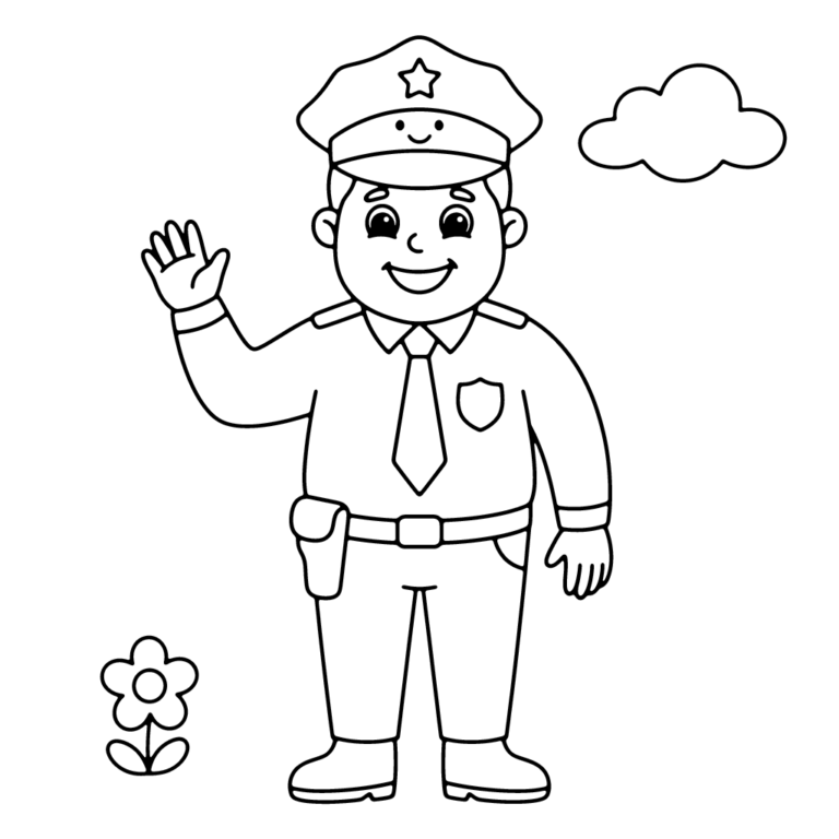 Na obrazku znajduje się przyjazny, uśmiechnięty pan policjant w pełnym mundurze, z czapką i odznaką, który stoi i macha ręką na powitanie, a obok niego widać chmurkę i kwiatek.