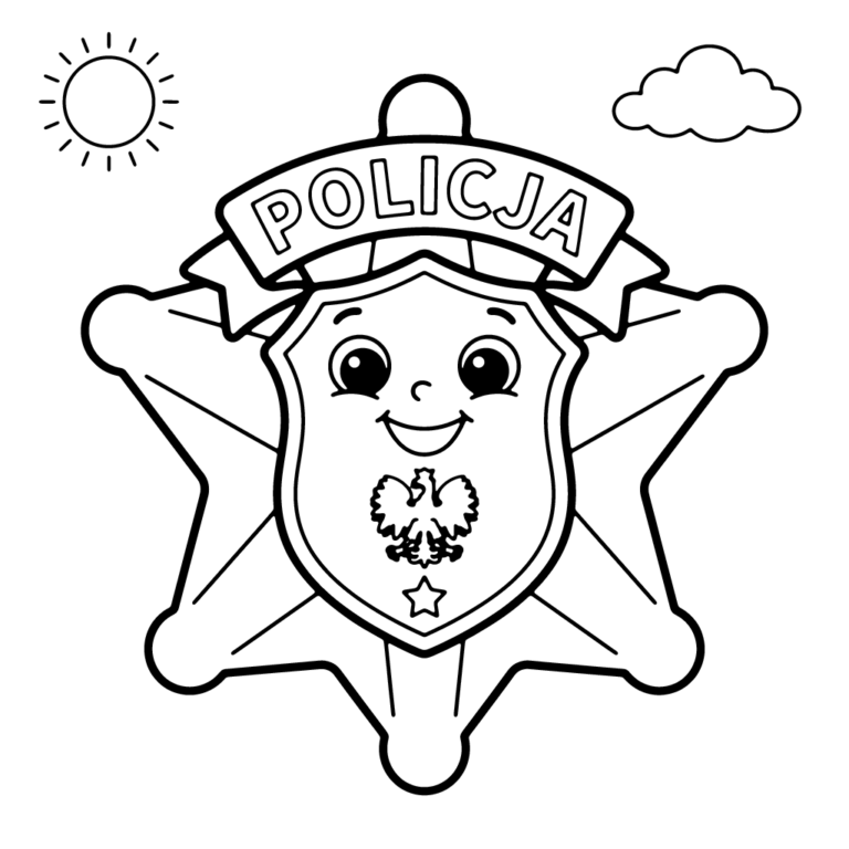 Na obrazku znajduje się duża, uśmiechnięta gwiazda policyjna z napisem POLICJA i godłem Polski, w otoczeniu słoneczka i chmurki.