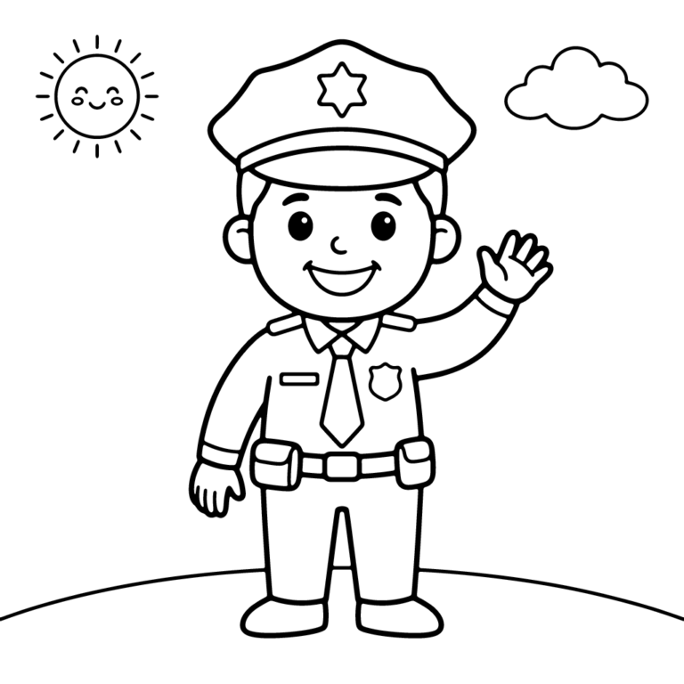 Na obrazku znajduje się uśmiechnięty, dzielny policjant w mundurze i czapce z gwiazdką, który stoi na trawie i wesoło macha ręką, a w tle widać słoneczko i chmurkę.