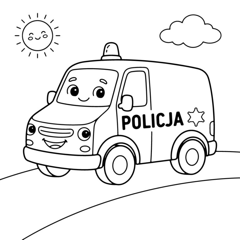 Na obrazku znajduje się uśmiechnięta furgonetka policyjna z napisem POLICJA i gwiazdką na boku, jadąca po drodze pod słońcem i chmurką.