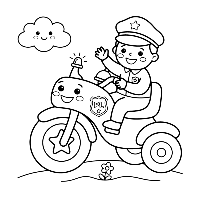 Na obrazku znajduje się uśmiechnięty policjant w mundurze i czapce z gwiazdką, który siedzi na przyjaznym, trzykołowym policyjnym rowerku i wesoło macha ręką, a obok unosi się mała chmurka.