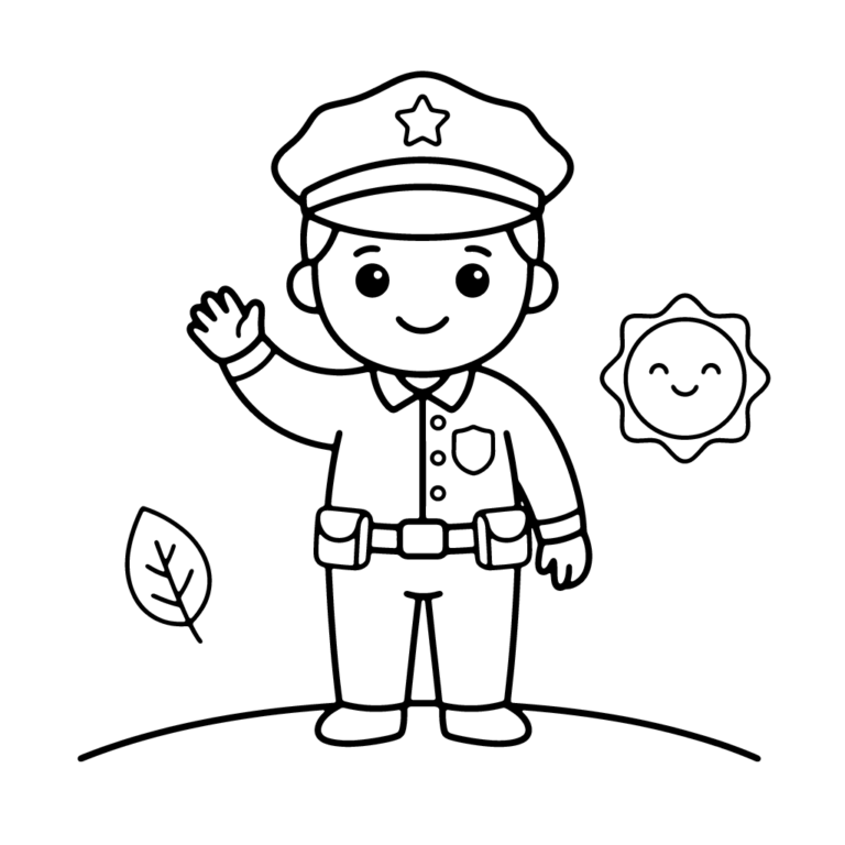 Na obrazku znajduje się przyjazny, uśmiechnięty policjant w pełnym mundurze, który macha ręką na powitanie, stojąc obok uśmiechniętego słoneczka i pojedynczego listka.