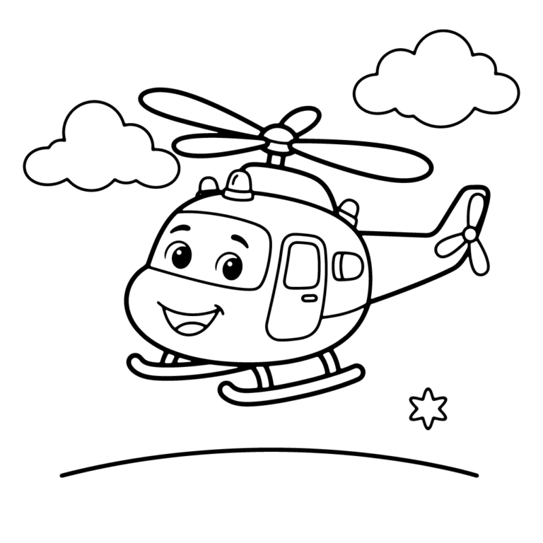 Na obrazku znajduje się uśmiechnięty policyjny helikopter z wielkimi oczami, lecący wysoko wśród chmur, nad małą gwiazdką na ziemi.