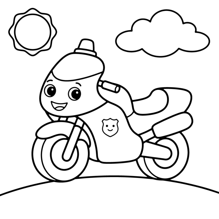 Na obrazku znajduje się przyjazny motocykl policyjny z uśmiechniętą buzią, który stoi na drodze pod uśmiechniętym słoneczkiem i dużą chmurką.