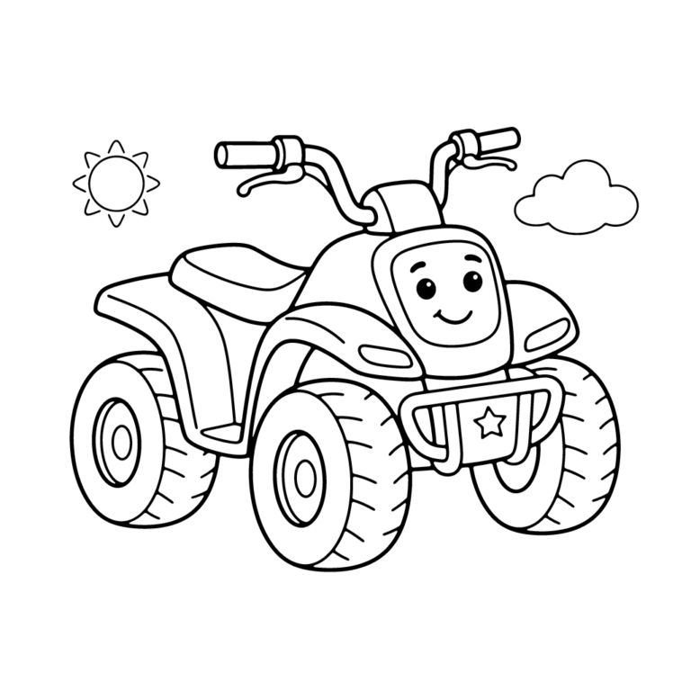 Na obrazku znajduje się uśmiechnięty policyjny quad z gwiazdką na zderzaku, a obok niego widać słoneczko i chmurkę.