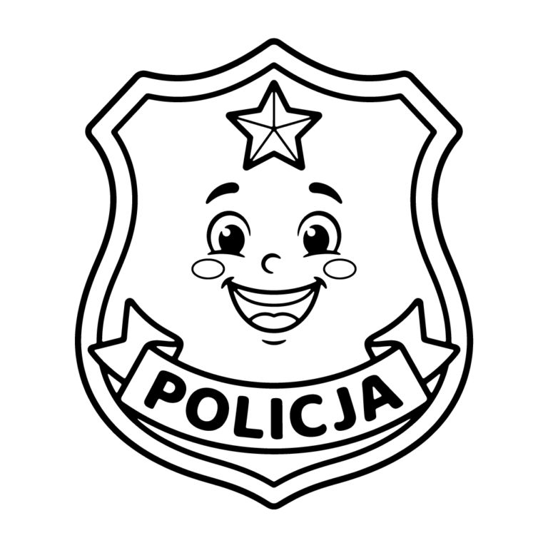 Na obrazku znajduje się duża, uśmiechnięta tarcza policyjna z gwiazdą u góry i napisem 'POLICJA' na wstędze u dołu.