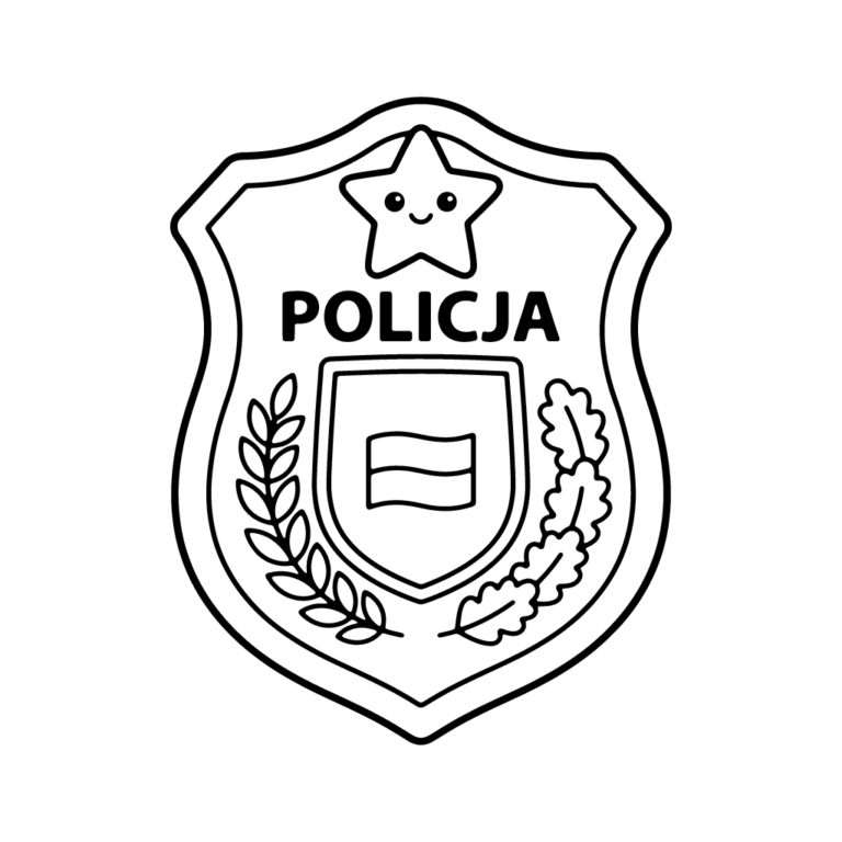 Na obrazku znajduje się duża odznaka policyjna ozdobiona napisem, gałązkami oraz uśmiechniętą gwiazdką na samym środku.