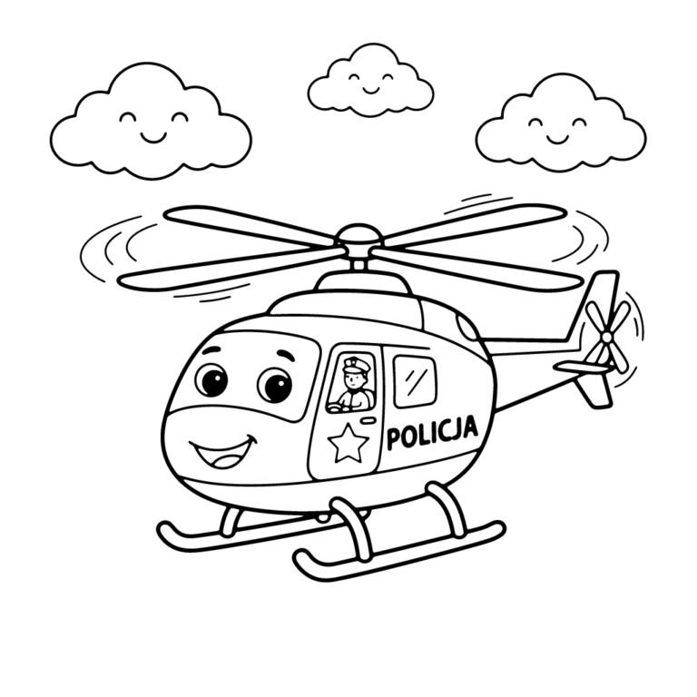 Na obrazku znajduje się uśmiechnięty helikopter policyjny z obracającym się śmigłem i wesołymi chmurkami w tle.