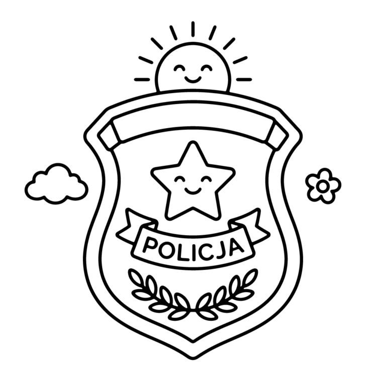 Na obrazku znajduje się duża, ozdobna odznaka policyjna z sympatyczną gwiazdką, napisem POLICJA oraz promieniejącym słoneczkiem w tle.