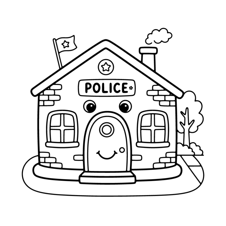 Na obrazku znajduje się uśmiechnięty budynek posterunku policji z wielkimi drzwiami i uroczymi oknami.