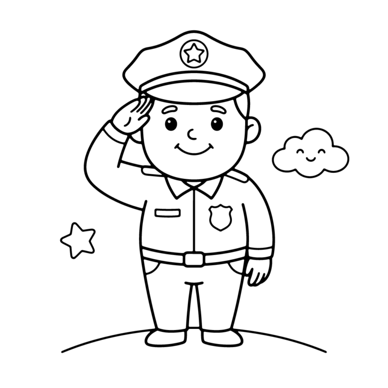 Na obrazku znajduje się uśmiechnięty pan policjant w mundurze i czapce z gwiazdką, który stoi na wzgórzu i salutuje prawą ręką, a obok niego są chmurka i gwiazdka.