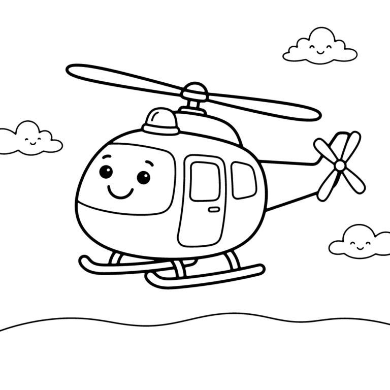 Na obrazku znajduje się wesoły helikopter policyjny z przyjazną buzią, lecący wysoko nad ziemią w otoczeniu puszystych chmurek.
