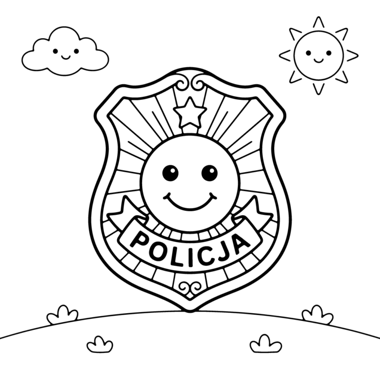 Na obrazku znajduje się duża, uśmiechnięta odznaka policyjna z gwiazdką, napisem POLICJA oraz prostymi elementami takimi jak słoneczko i chmurka.