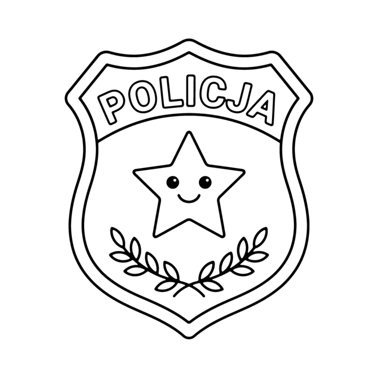 Na obrazku znajduje się policyjna odznaka z napisem POLICJA oraz wesołą, uśmiechniętą gwiazdką w środku.