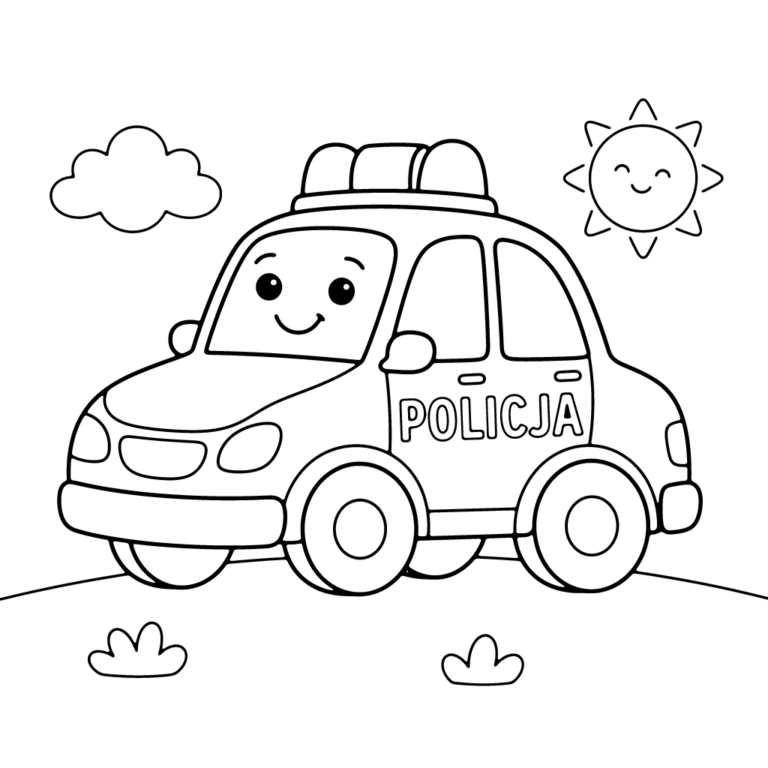 Na obrazku znajduje się uśmiechnięty samochód policyjny z napisem "POLICJA" na drzwiach, jadący po drodze obok chmurki i słoneczka.