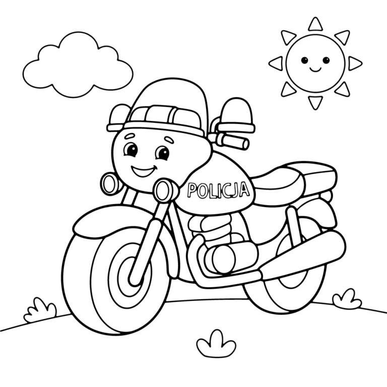 Na obrazku znajduje się uśmiechnięty motocykl policyjny z napisem "POLICJA" na baku, jadący po drodze obok chmurki i słoneczka.