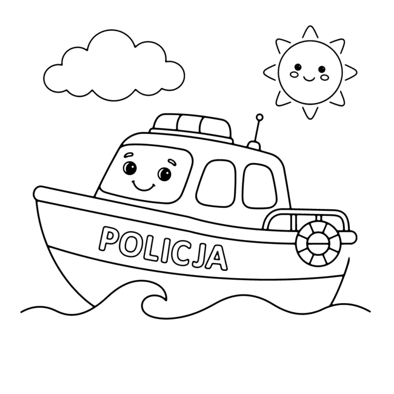 Na obrazku znajduje się uśmiechnięta motorówka policyjna z napisem POLICJA na boku, płynąca po fali w otoczeniu chmurki i słoneczka.
