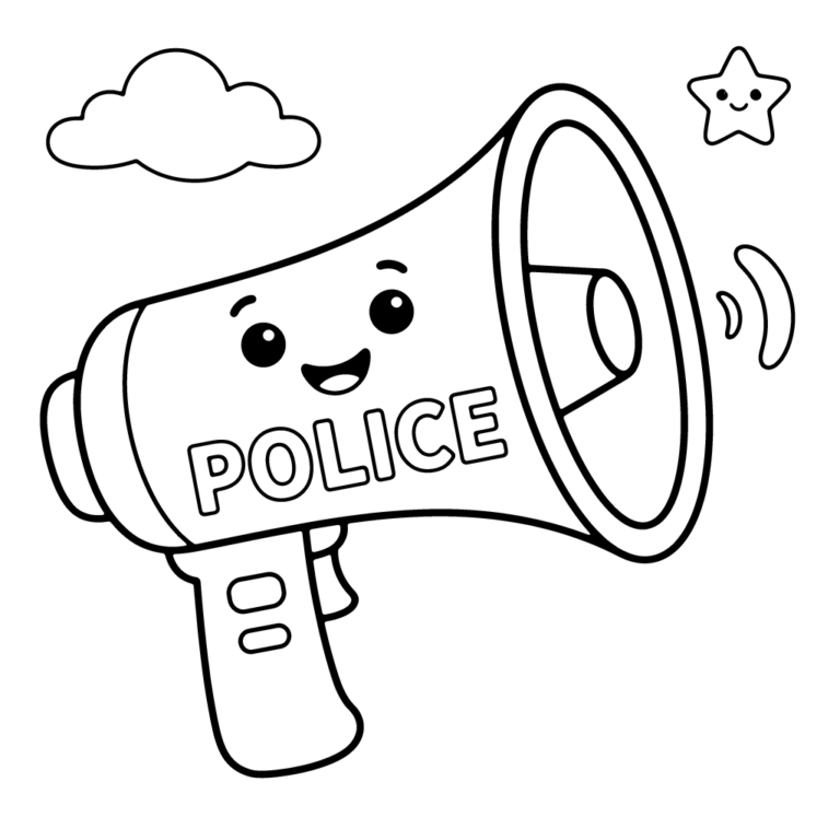 Na obrazku znajduje się duży, przyjazny megafon z wesołą buzią, z którego wydobywa się fala dźwiękowa, a na obudowie widnieje napis "POLICE".