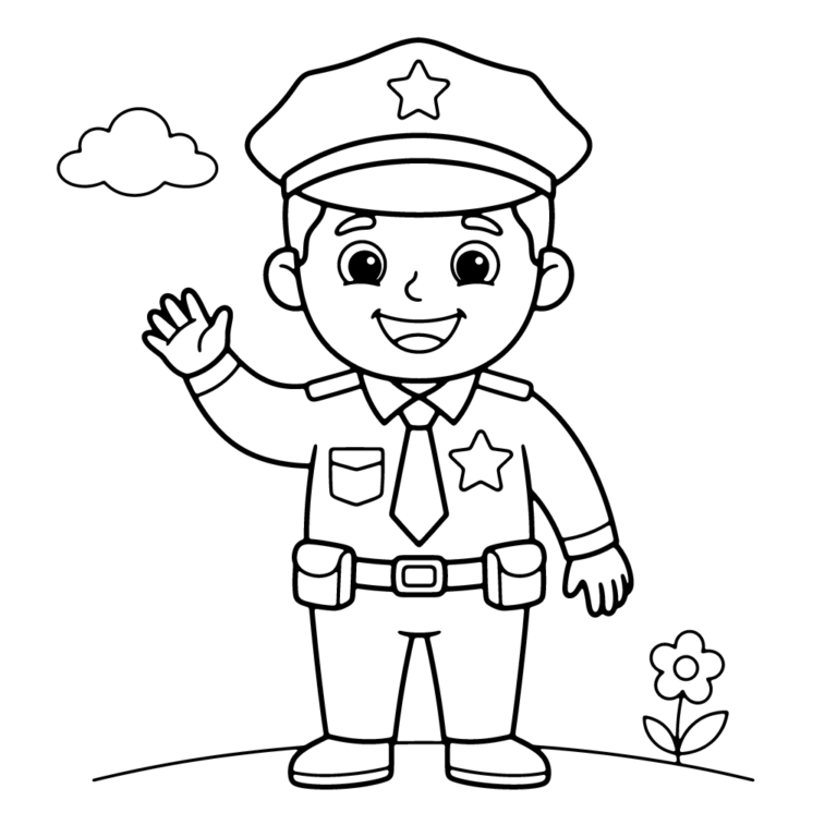 Na obrazku znajduje się wesoły policjant w mundurze i czapce z gwiazdą, który stoi na trawie i macha ręką na powitanie.