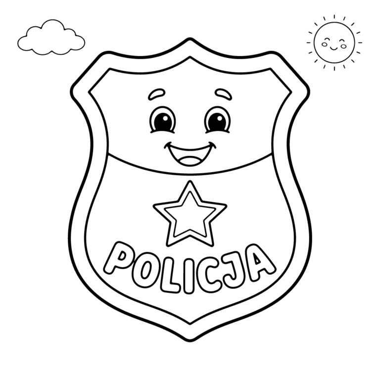 Na obrazku znajduje się duża, uśmiechnięta tarcza policyjna z gwiazdką i napisem POLICJA, ozdobiona chmurką i słońcem.