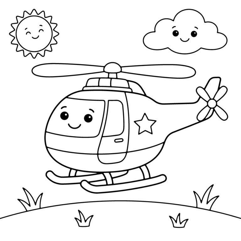 Na obrazku znajduje się uśmiechnięty policyjny helikopter z gwiazdką na boku, lecący nad łąką w pobliżu wesołego słoneczka i chmurki.