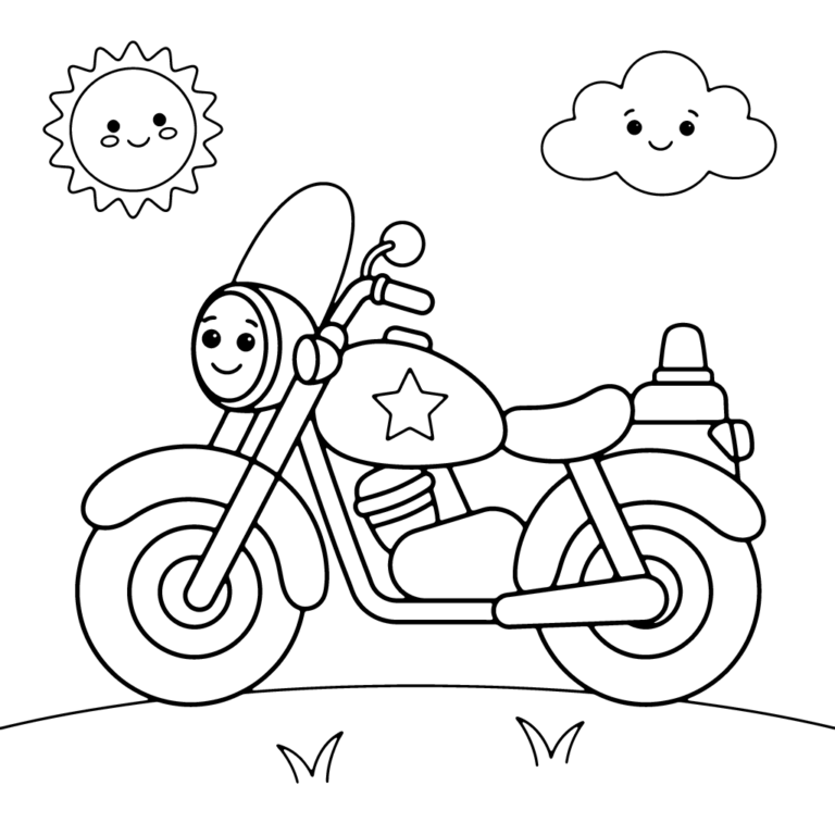 Na obrazku znajduje się uśmiechnięty policyjny motocykl z gwiazdką na baku, jadący po drodze w słoneczny dzień.