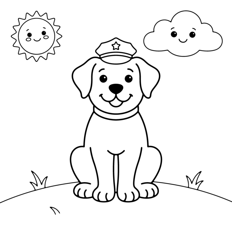 Na obrazku znajduje się sympatyczny pies rasy labrador, siedzący na trawie i ubrany w policyjną czapkę z gwiazdką.