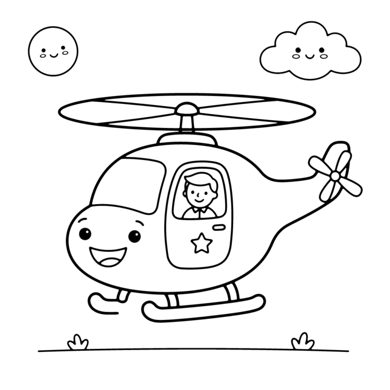 Na obrazku znajduje się uśmiechnięty policyjny helikopter z wesołym pilotem w kabinie, latający wśród chmur i obok słoneczka.