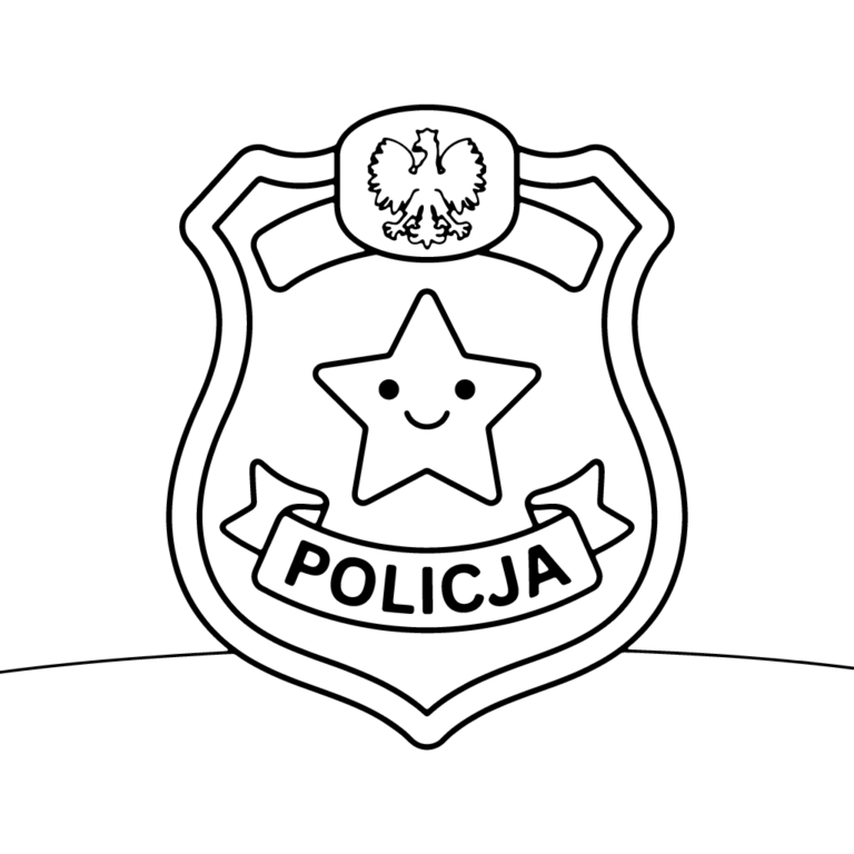 Na obrazku znajduje się duża odznaka policyjna z wizerunkiem orła oraz roześmianą gwiazdką na środku.