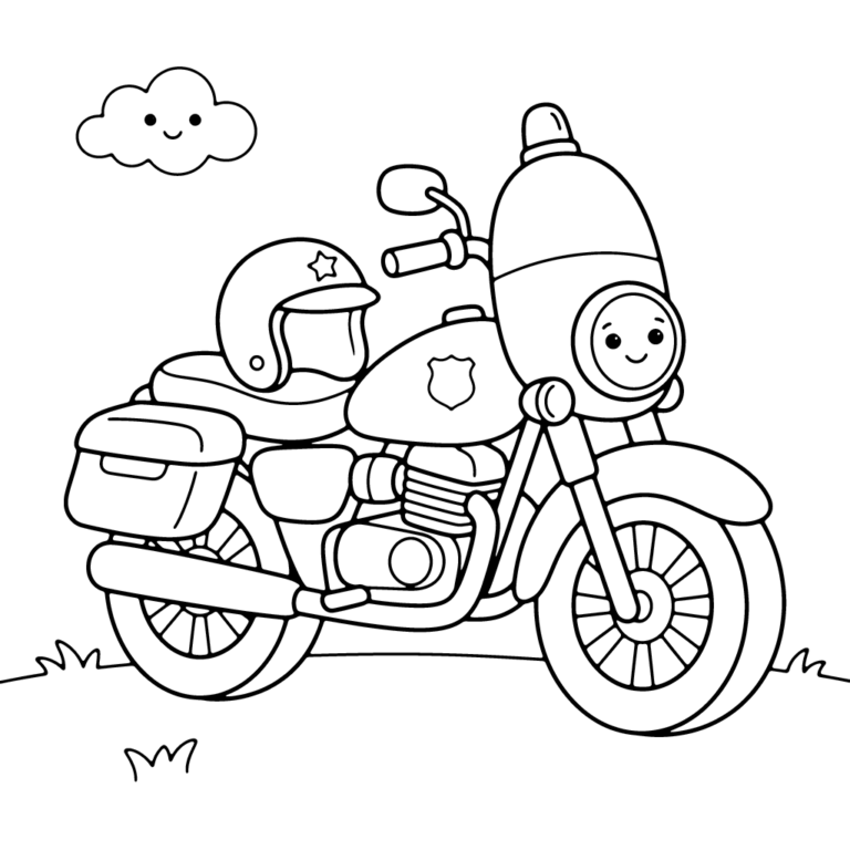 Na obrazku znajduje się uśmiechnięty policyjny motocykl z bocznym kufrem i leżącym na nim kaskiem, a w tle widać wesołą chmurkę.