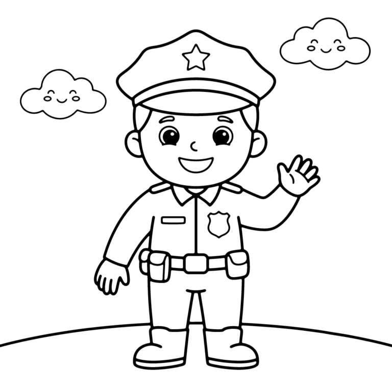 Na obrazku znajduje się przyjazny policjant w czapce z gwiazdką, który wesoło macha ręką na tle uśmiechniętych chmurek.