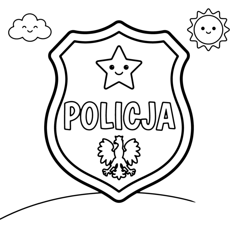 Na obrazku znajduje się duża, uśmiechnięta odznaka policyjna z napisem 'POLICJA' i orłem, w otoczeniu chmurki i słoneczka.