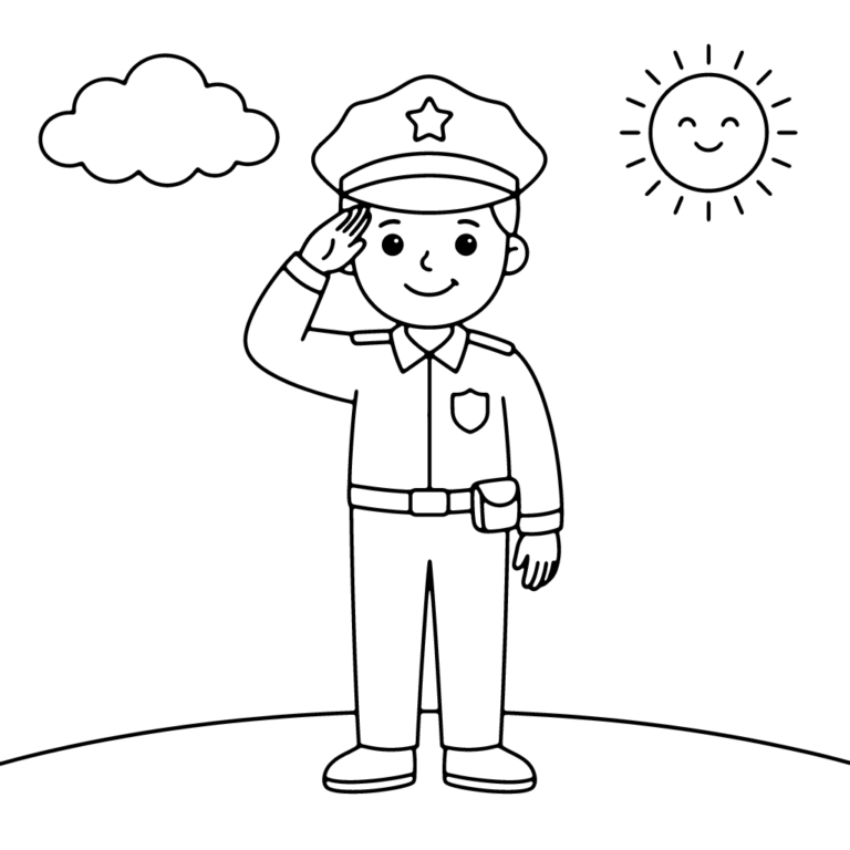Na obrazku znajduje się uśmiechnięty policjant w mundurze i czapce z gwiazdką, który stoi na trawie i salutuje prawą ręką.