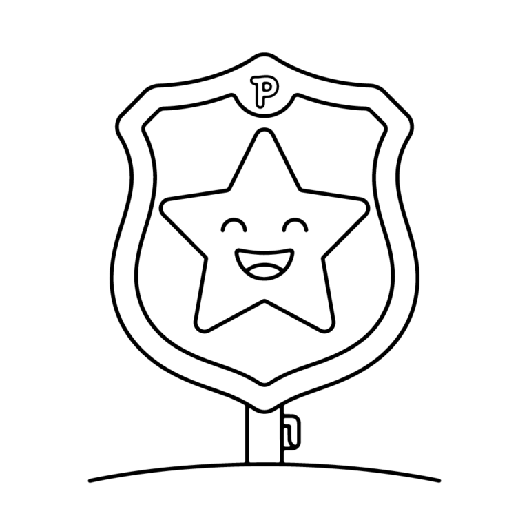 Na obrazku znajduje się duża, uśmiechnięta odznaka w kształcie gwiazdy wpisanej w tarczę, umieszczona na prostej podstawie.