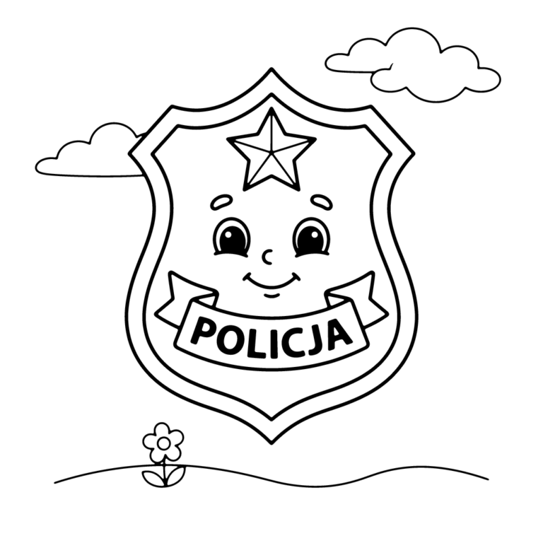 Na obrazku znajduje się duża, wesoła odznaka policyjna z gwiazdką, twarzą i napisem 'POLICJA', unosząca się nad ziemią z kwiatkiem i dwiema chmurkami.