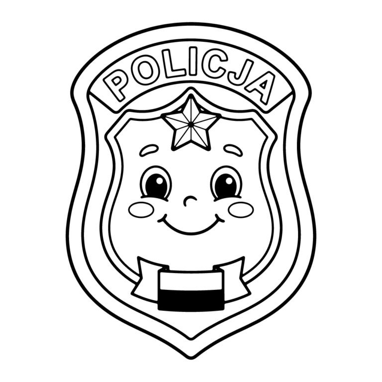 Na obrazku znajduje się duża, sympatyczna odznaka policyjna z napisem POLICJA, uśmiechniętą buźką i gwiazdką na środku.