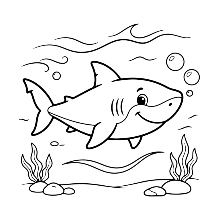 Na obrazku znajduje się uśmiechnięty rekin pływający tuż obok dużej muszelki na dnie oceanu.