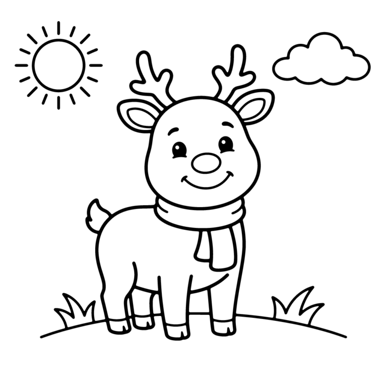 Na obrazku znajduje się stojący renifer w szaliku na łące, nad którym świeci słońce i unoszą się chmury.