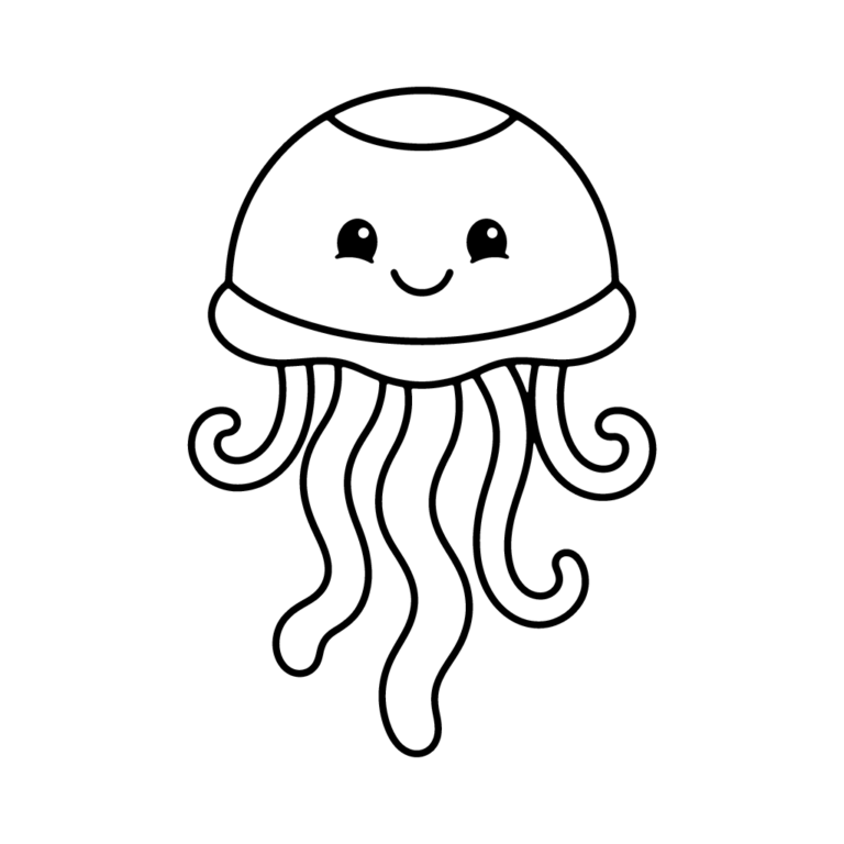 Na obrazku znajduje się sympatyczna, uśmiechnięta meduza z długimi, falującymi mackami.