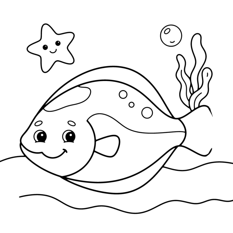 Na obrazku znajduje się duża, płaska, uśmiechnięta rybka leżąca na dnie oceanu, obok której unosi się wesoła rozgwiazda i kępka wodorostów.