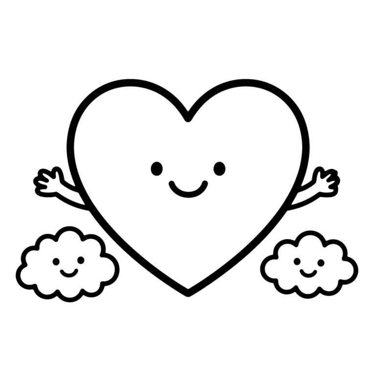 Na obrazku znajduje się[Wygeneruj obraz: A very simple coloring page for toddlers aged 3-6, square 1:1 aspect ratio, black and white only. Perfectly clean vector line art with extra thick, smooth, solid, uniform black outlines on a pure solid white background. No shading, no textures, no sketches, no gradients, no grey tones, completely enclosed large shapes. The central subject is one large, cute heart with a big smiling face, round cartoon eyes, and rosy cheek circles, wearing a tiny pair of soft rounded bunny ears on top. Above it, floating gently, are two simple, puffy little clouds. Friendly, minimalist, joyful preschool design, no text.]