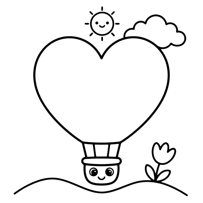 Na obrazku znajduje się uśmiechnięty balon na gorące powietrze w kształcie wielkiego serca, który unosi się w powietrzu nad małym kwiatuszkiem, obok chmurki i wesołego słoneczka.