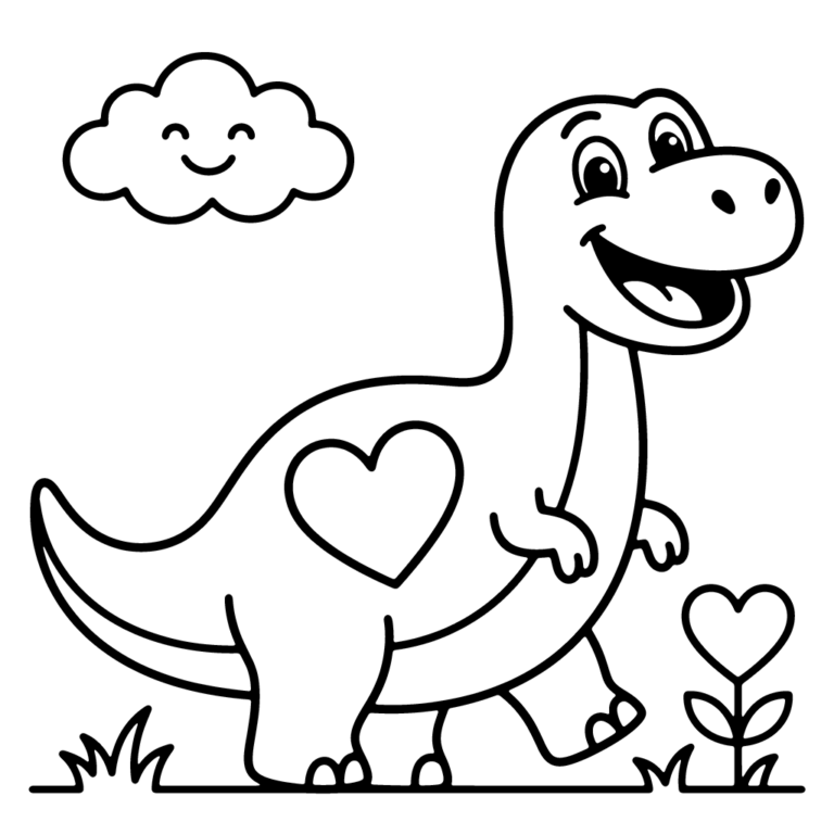 Na obrazku znajduje się uśmiechnięty dinozaur z serduszkiem na brzuchu, stojący obok serduszkowego kwiatka pod wesołą chmurką.