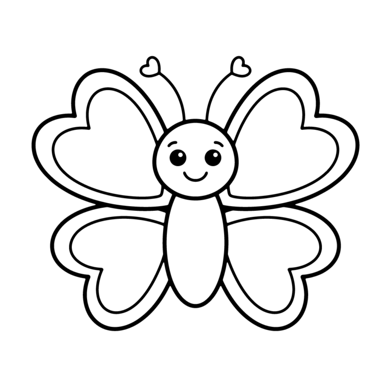 Na obrazku znajduje się duży, uśmiechnięty motyl, którego cztery skrzydła mają kształt serc.