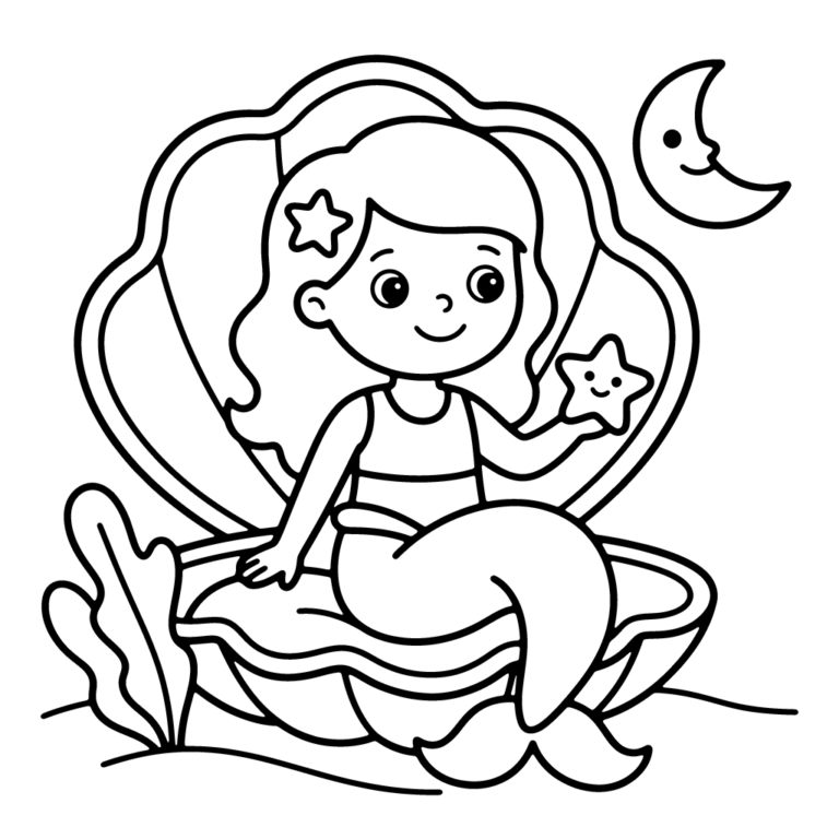Na obrazku znajduje się uśmiechnięta mała syrenka z gwiazdką we włosach, która siedzi w dużej otwartej muszli, trzyma małą rozgwiazdę, a obok widać uśmiechnięty księżyc i wodorosty.